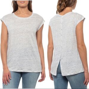 Tahari Tan Linen Space Dye Tuxedo Hem Short Sleeve Top Sz M